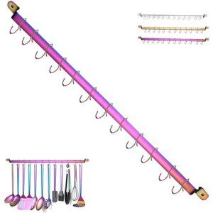 Kitchen Rack With Rainbow Titanium Plating, Rail Rack Organizer with 14 Hooks